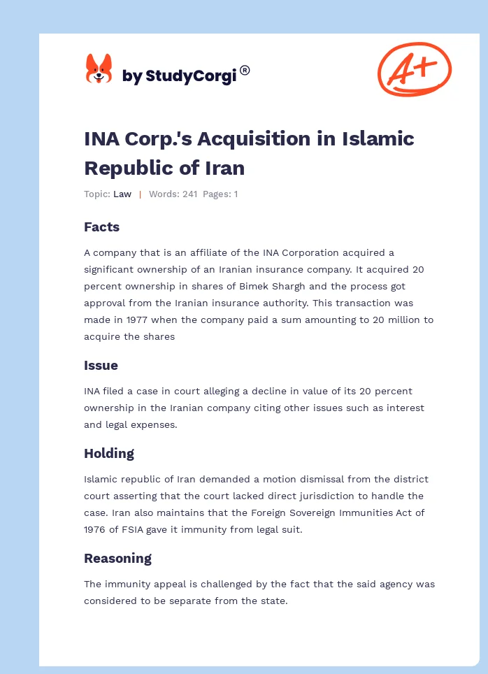 INA Corp.'s Acquisition in Islamic Republic of Iran. Page 1