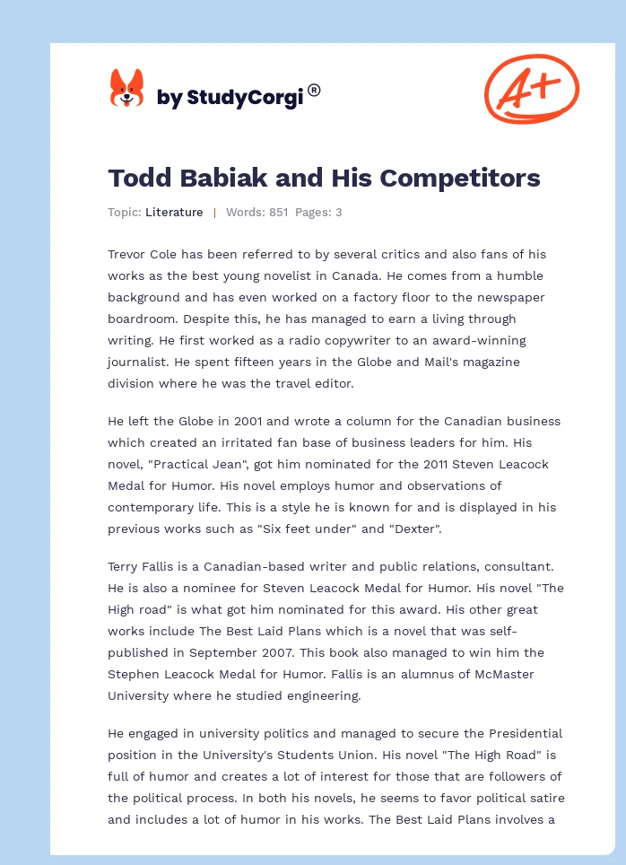 Todd Babiak and His Competitors. Page 1