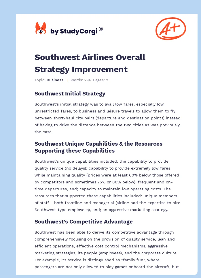 Southwest Airlines Overall Strategy Improvement. Page 1
