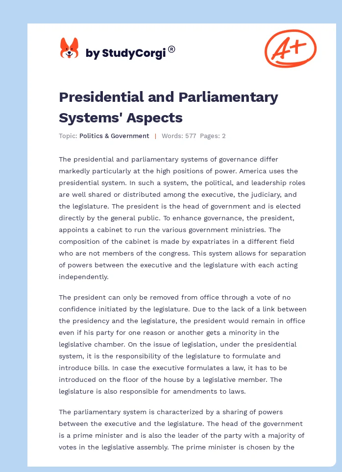 Presidential and Parliamentary Systems' Aspects. Page 1