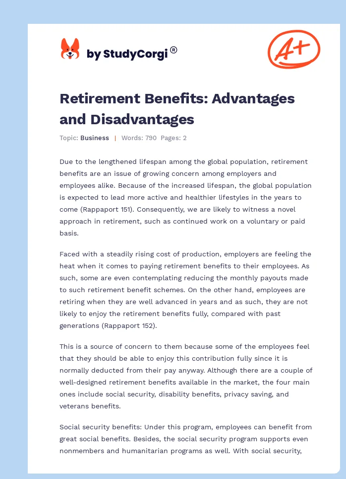Retirement Benefits: Advantages and Disadvantages. Page 1