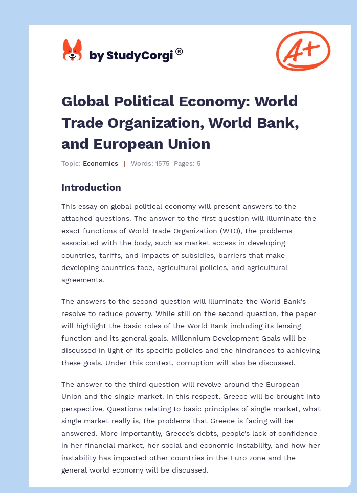 Global Political Economy: World Trade Organization, World Bank, and European Union. Page 1