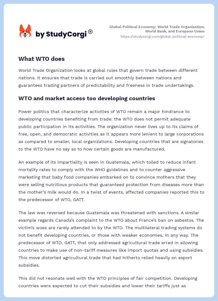 Global Political Economy: World Trade Organization, World Bank, and European Union. Page 2