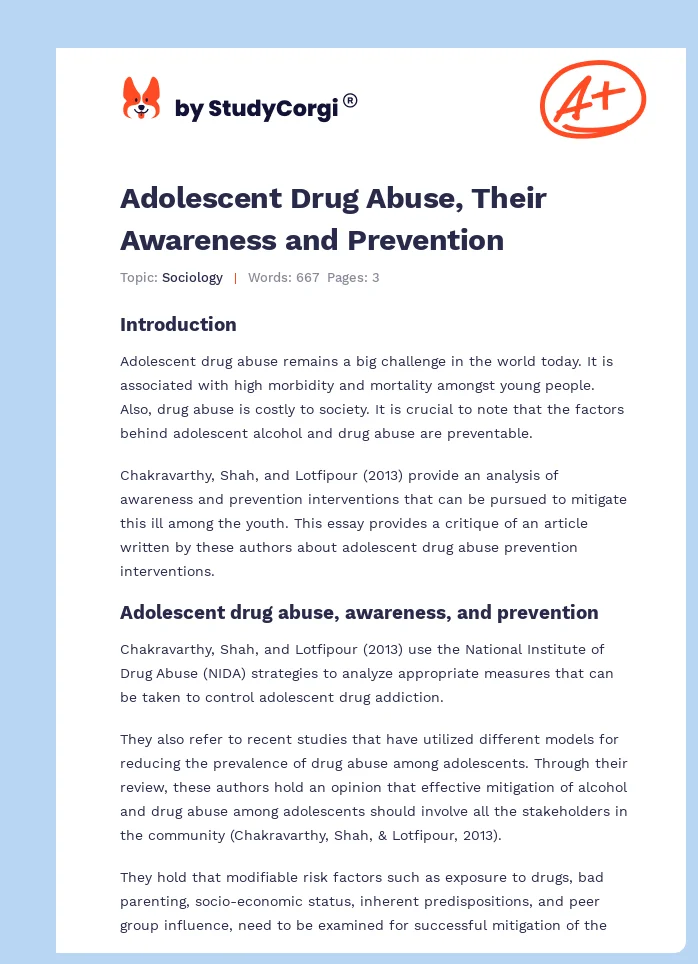 Adolescent Drug Abuse, Their Awareness and Prevention. Page 1