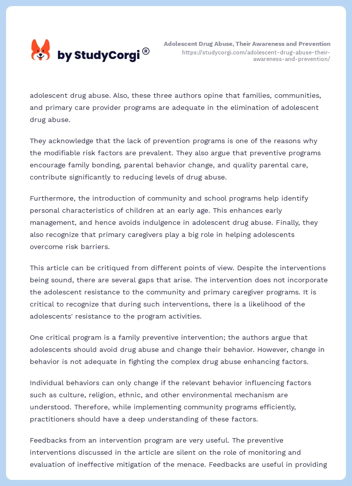 adolescent drug abuse their awareness and prevention essay