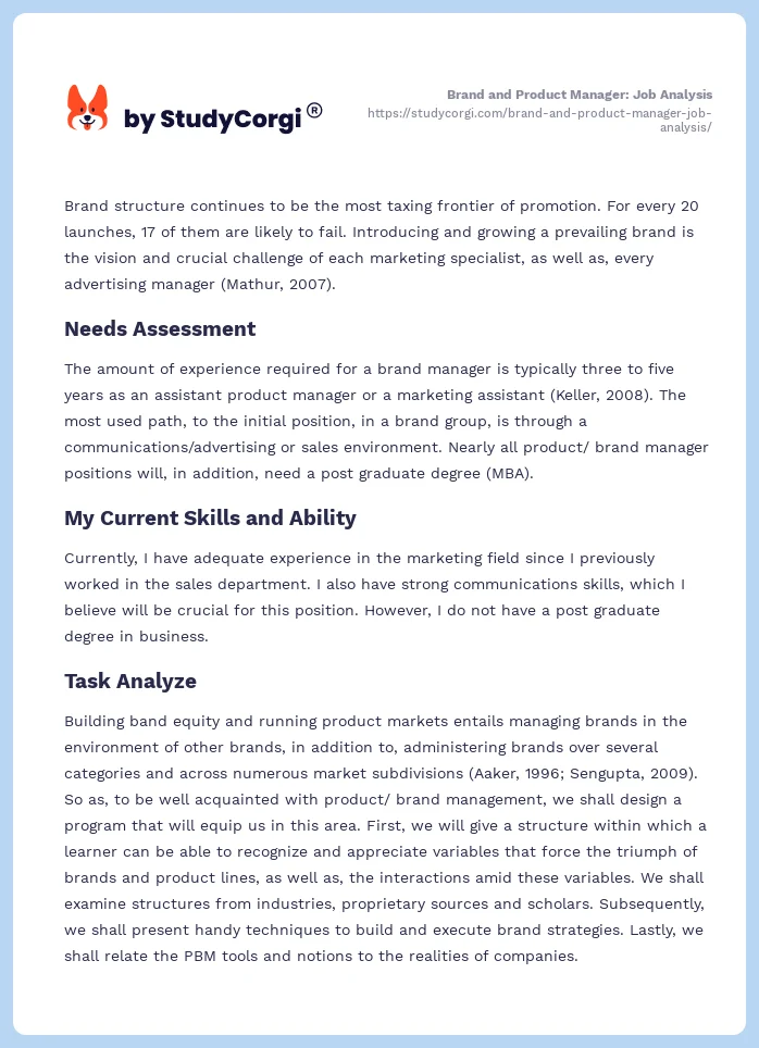 Brand and Product Manager: Job Analysis. Page 2