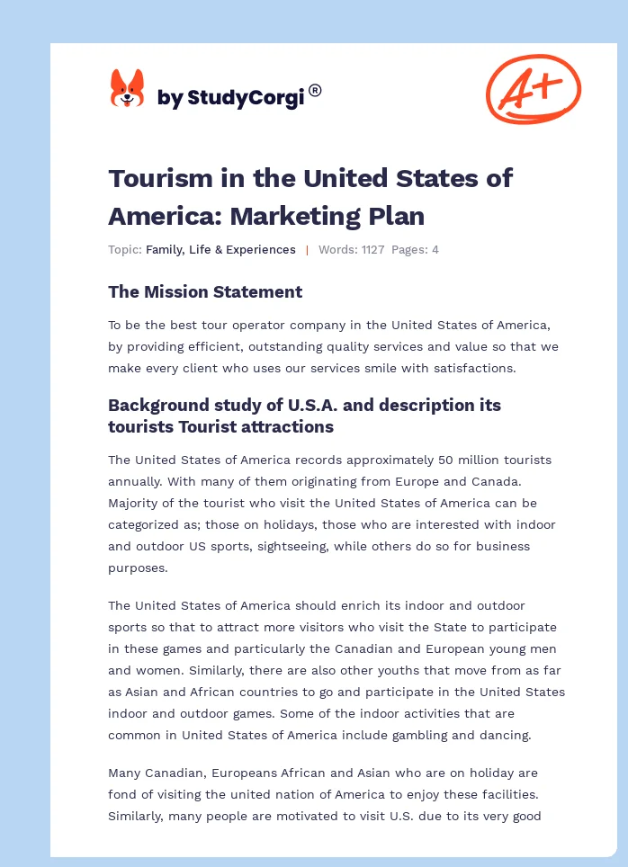 Tourism in the United States of America: Marketing Plan. Page 1