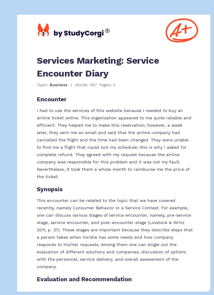 Services Marketing: Service Encounter Diary. Page 1