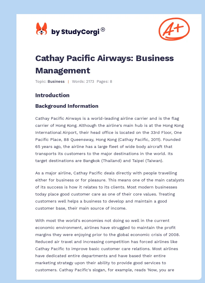 Cathay Pacific Airways: Business Management. Page 1