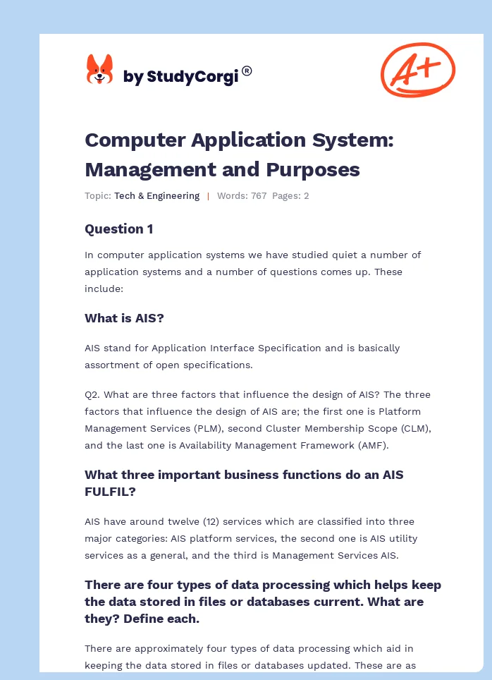 Computer Application System: Management and Purposes. Page 1