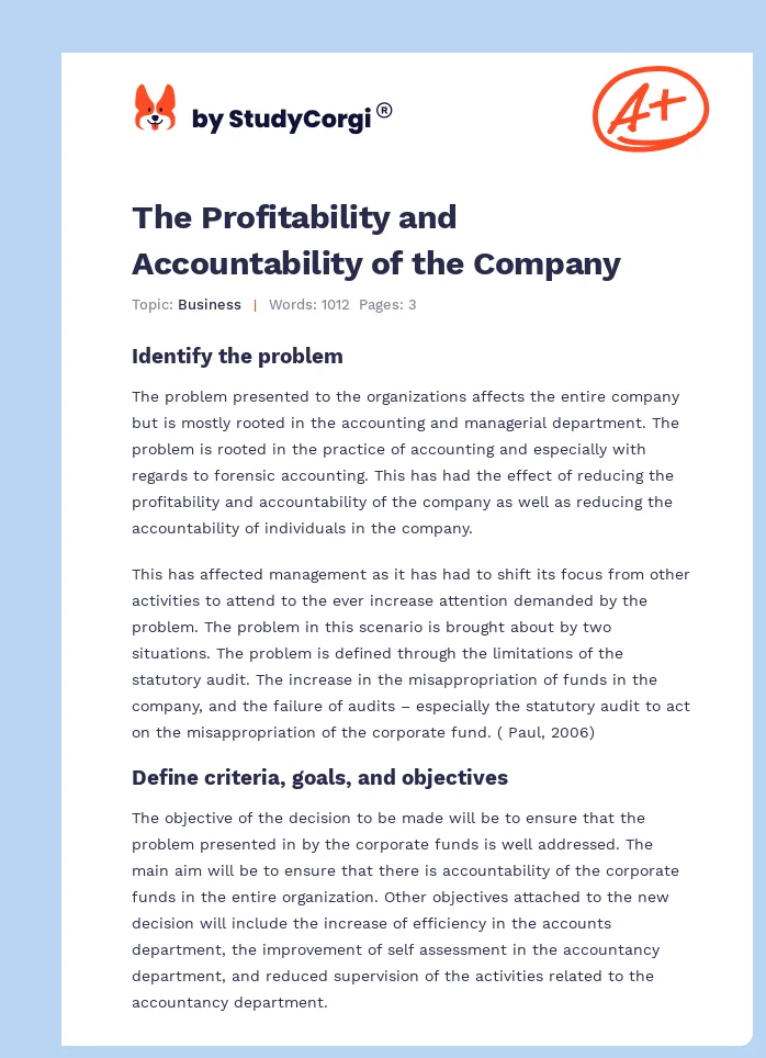 The Profitability and Accountability of the Company. Page 1