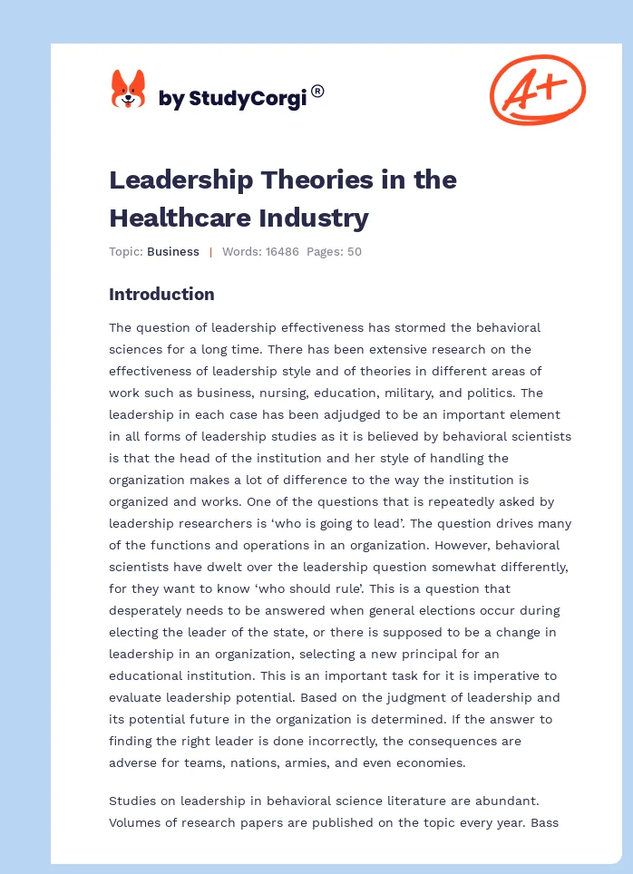 Leadership Theories in the Healthcare Industry. Page 1