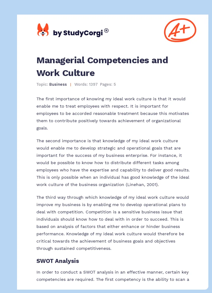 Managerial Competencies and Work Culture. Page 1