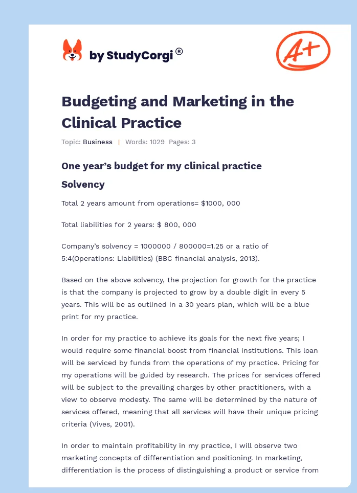 Budgeting and Marketing in the Clinical Practice. Page 1