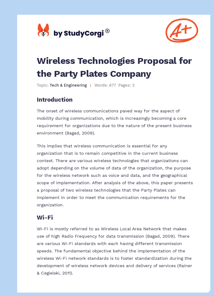 Wireless Technologies Proposal for the Party Plates Company. Page 1
