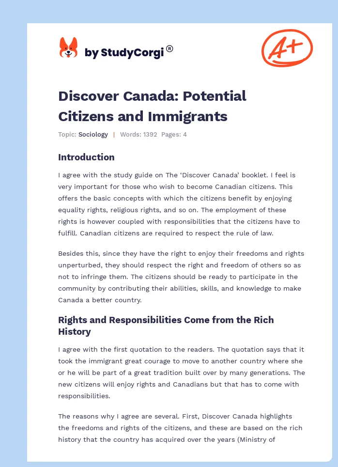 Discover Canada: Potential Citizens and Immigrants. Page 1