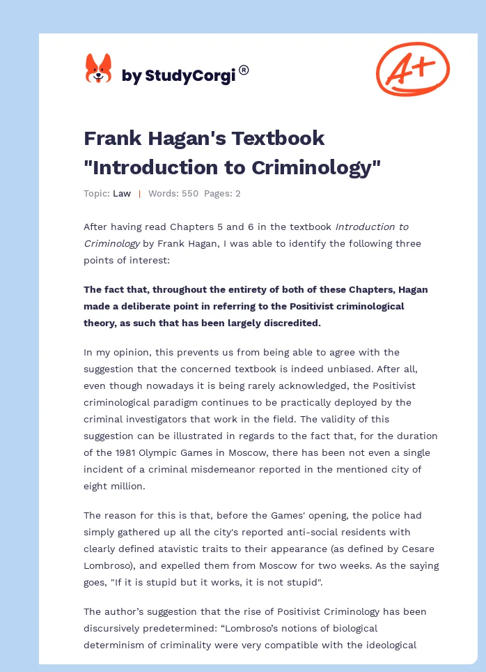 Frank Hagan's Textbook "Introduction to Criminology". Page 1