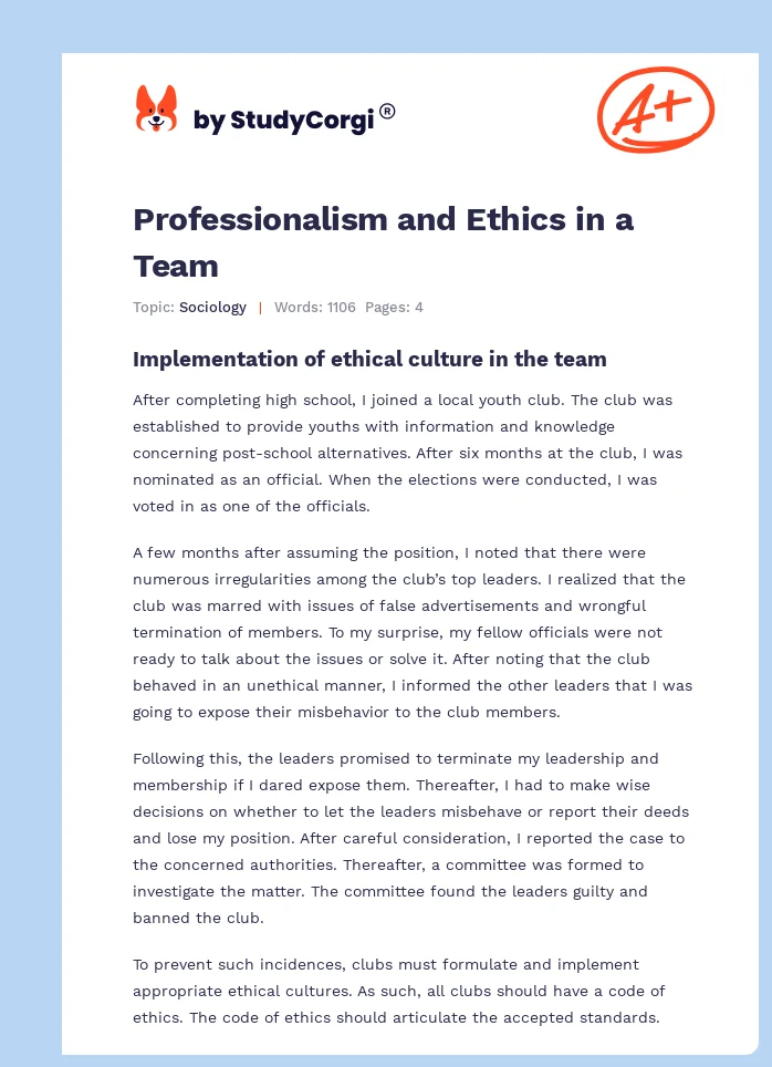 Professionalism and Ethics in a Team. Page 1