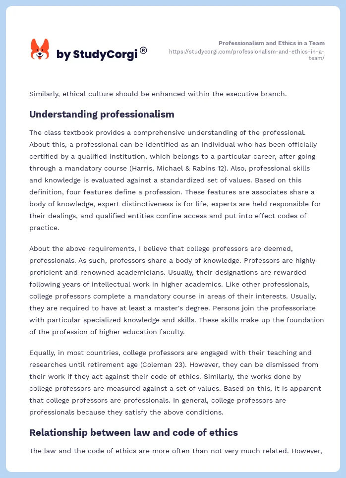Professionalism and Ethics in a Team. Page 2