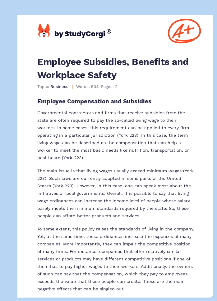 Employee Subsidies, Benefits and Workplace Safety. Page 1