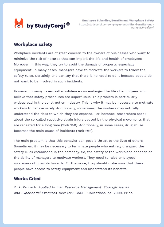 Employee Subsidies, Benefits and Workplace Safety. Page 2