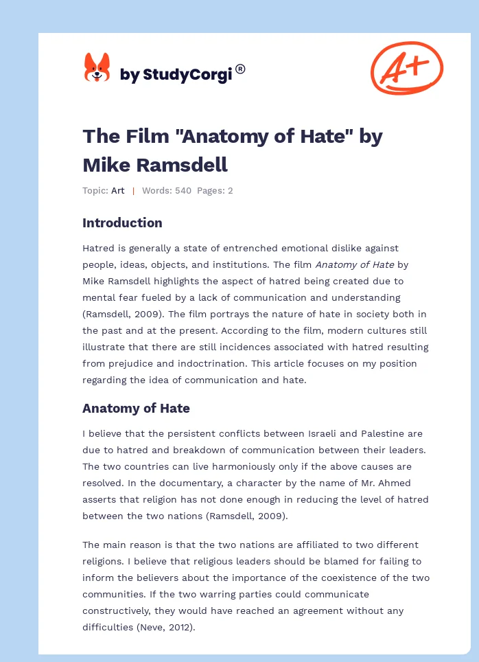The Film "Anatomy of Hate" by Mike Ramsdell. Page 1