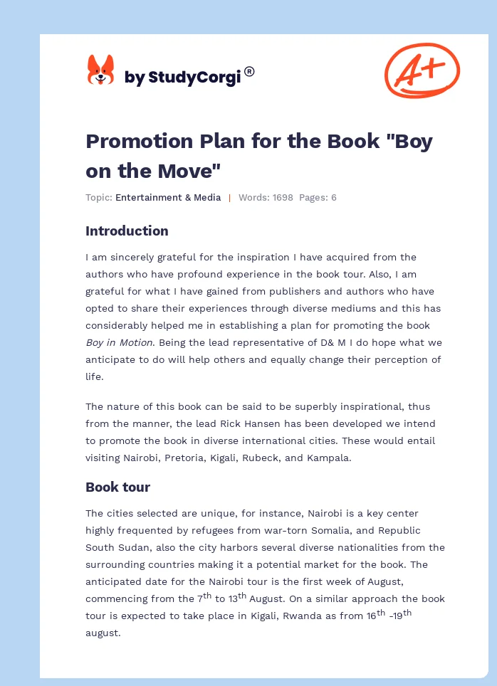 Promotion Plan for the Book "Boy on the Move". Page 1