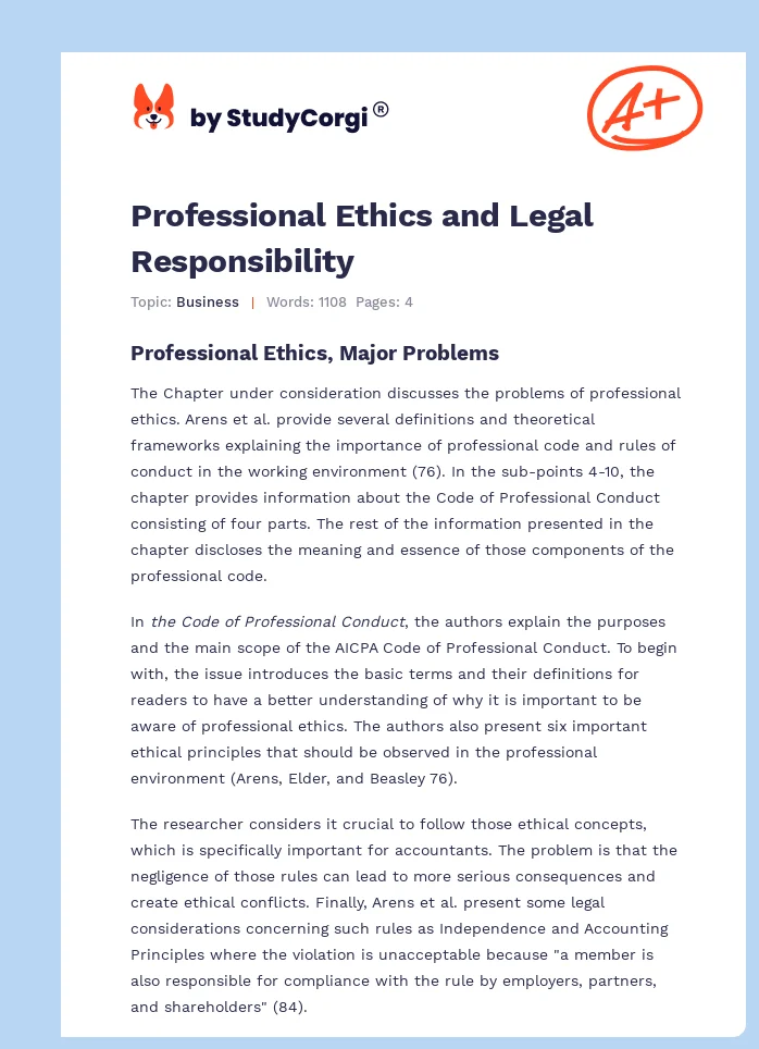Professional Ethics and Legal Responsibility. Page 1