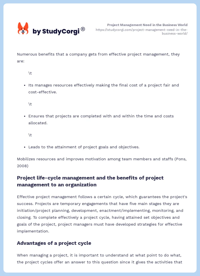 Project Management Need in the Business World. Page 2