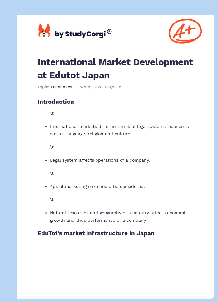 International Market Development at Edutot Japan. Page 1