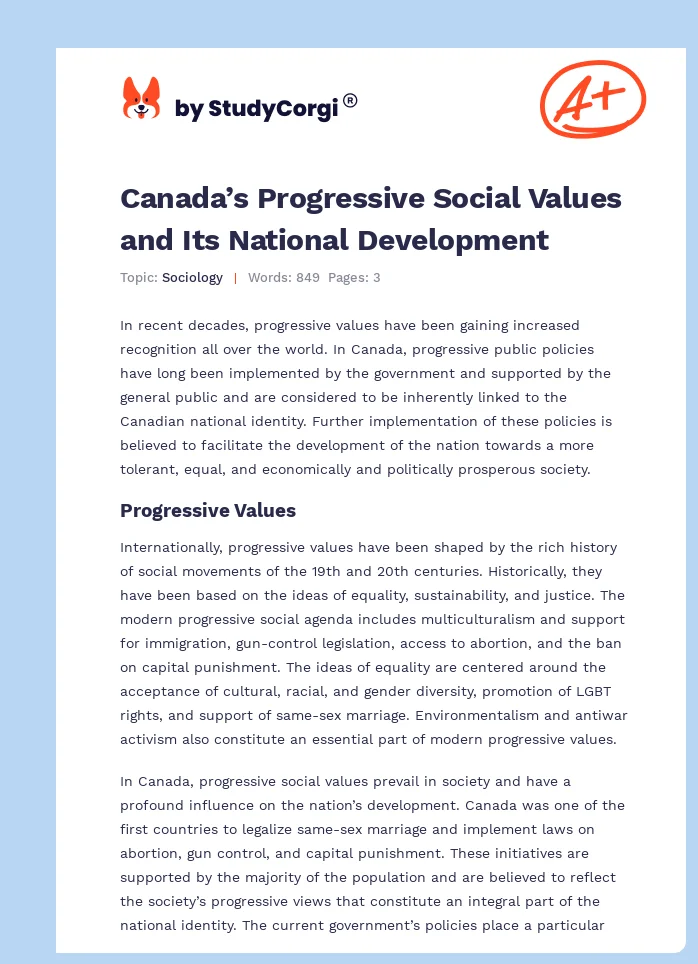 Canada’s Progressive Social Values and Its National Development. Page 1