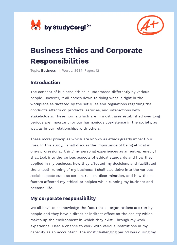 Business Ethics and Corporate Responsibilities. Page 1