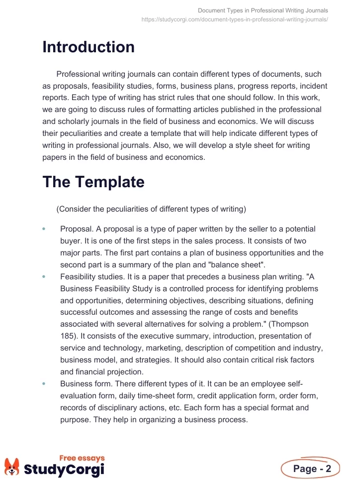 Document Types in Professional Writing Journals. Page 2
