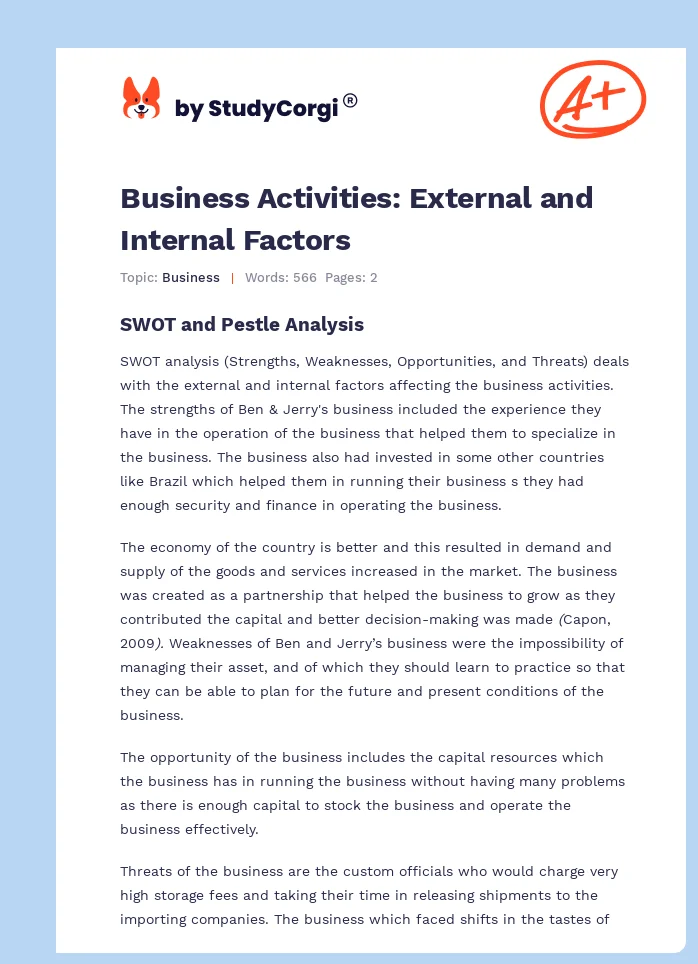 Business Activities: External and Internal Factors. Page 1