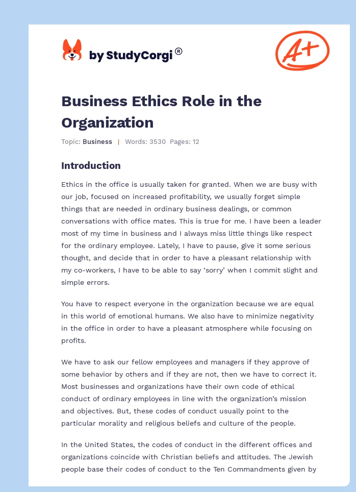 Business Ethics Role in the Organization. Page 1