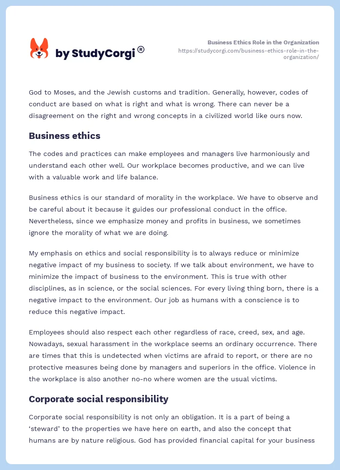 Business Ethics Role in the Organization. Page 2