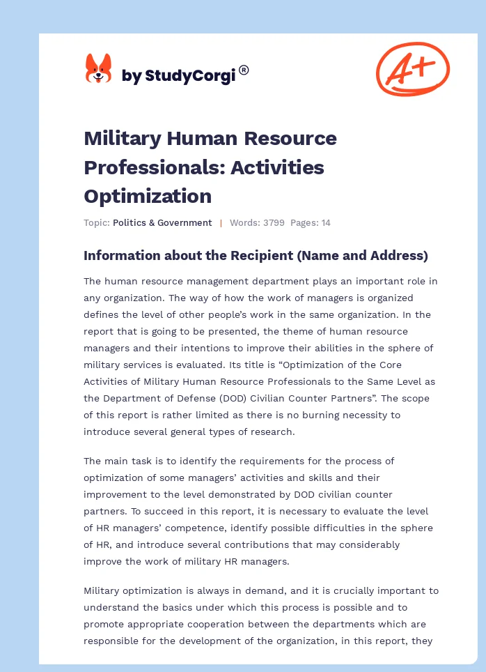 Military Human Resource Professionals: Activities Optimization. Page 1