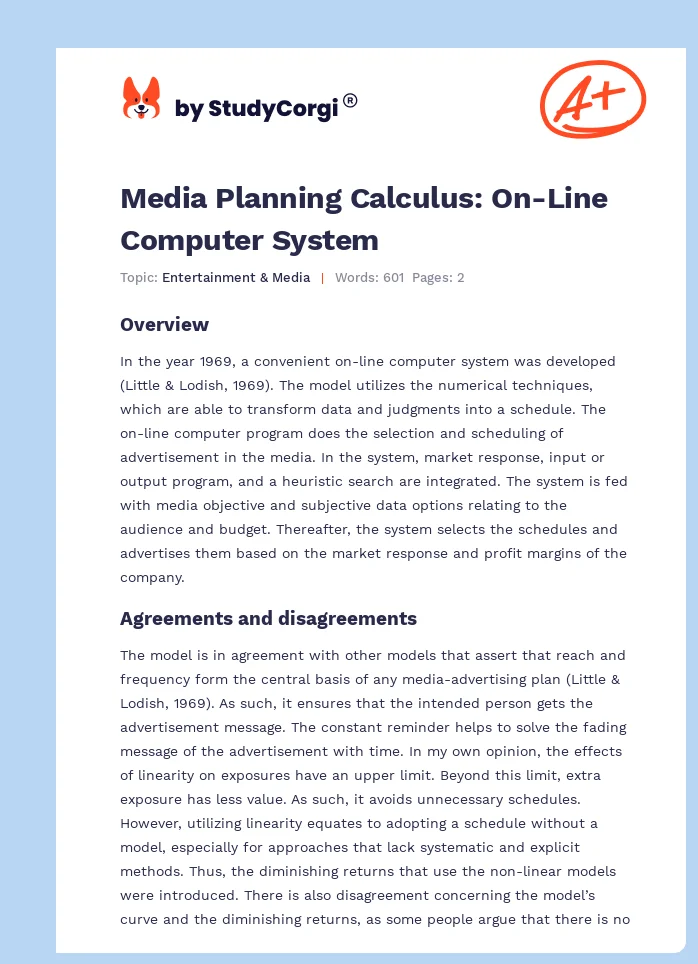 Media Planning Calculus: On-Line Computer System. Page 1