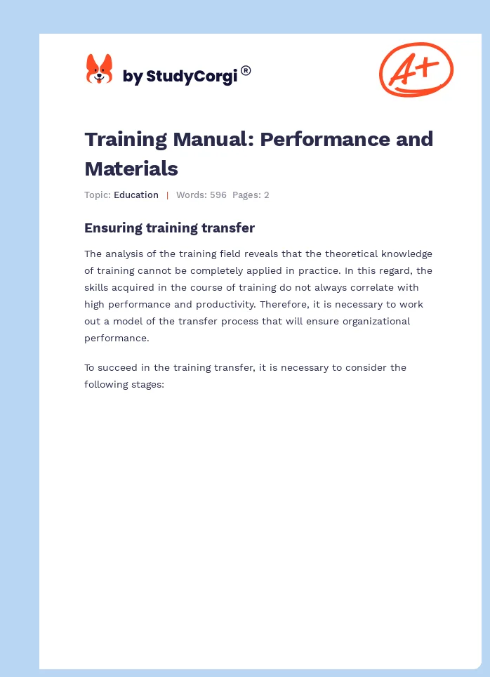 Training Manual: Performance and Materials. Page 1