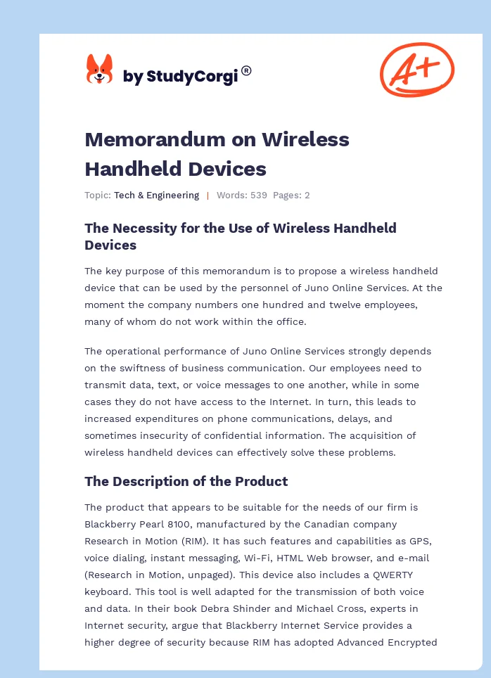 Memorandum on Wireless Handheld Devices. Page 1