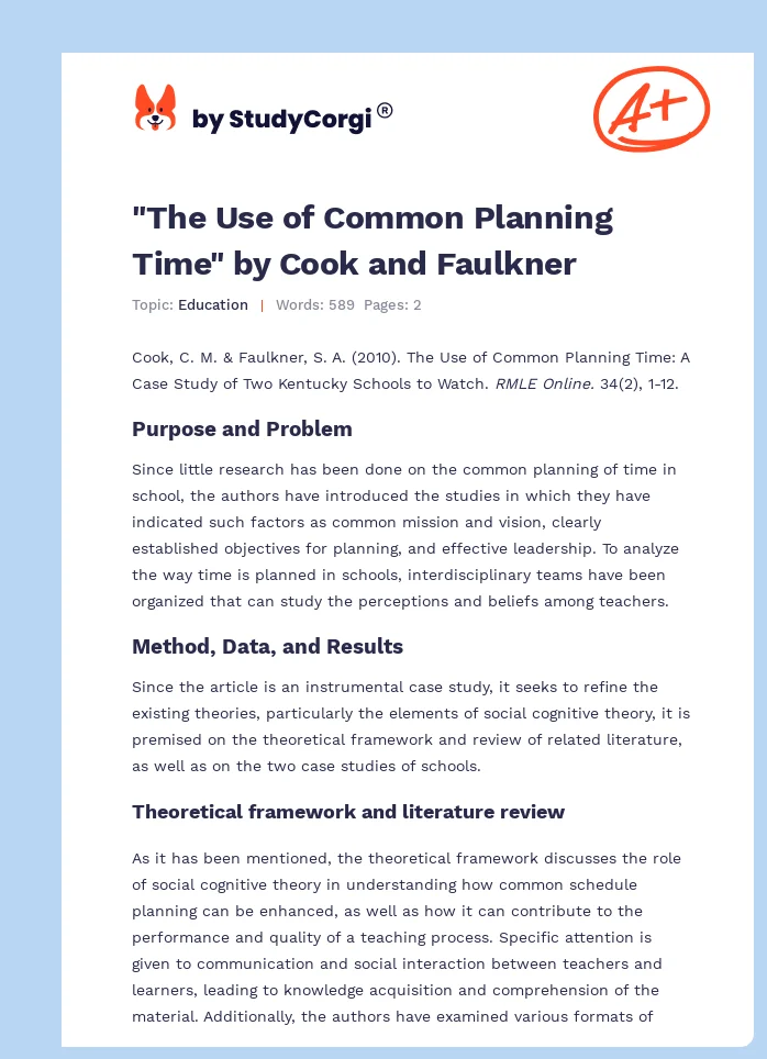 "The Use of Common Planning Time" by Cook and Faulkner. Page 1