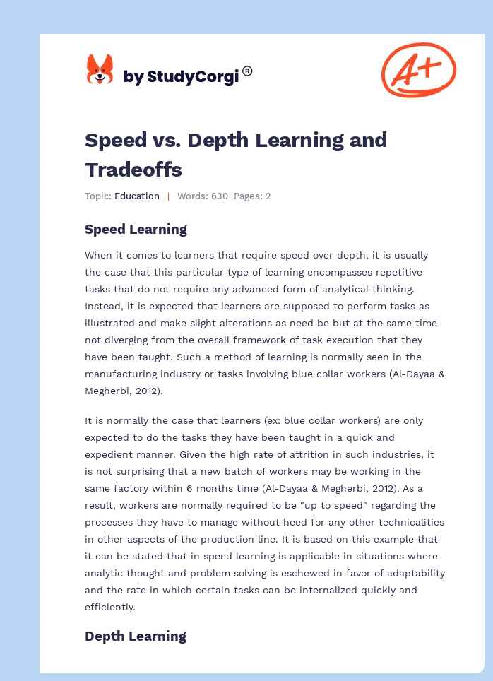 Speed vs. Depth Learning and Tradeoffs. Page 1