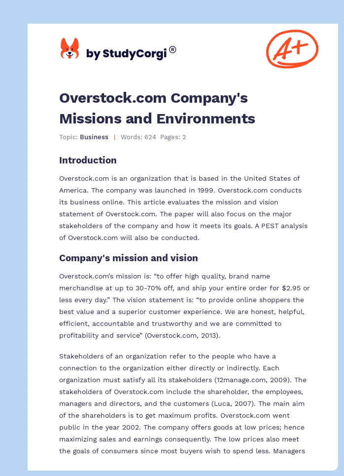 Overstock.com Company's Missions and Environments. Page 1