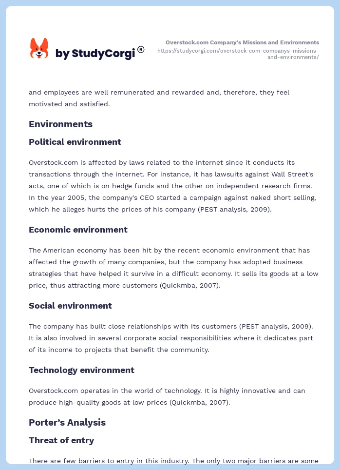 Overstock.com Company's Missions and Environments. Page 2