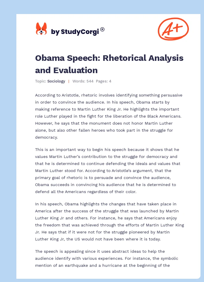 Obama Speech: Rhetorical Analysis and Evaluation. Page 1