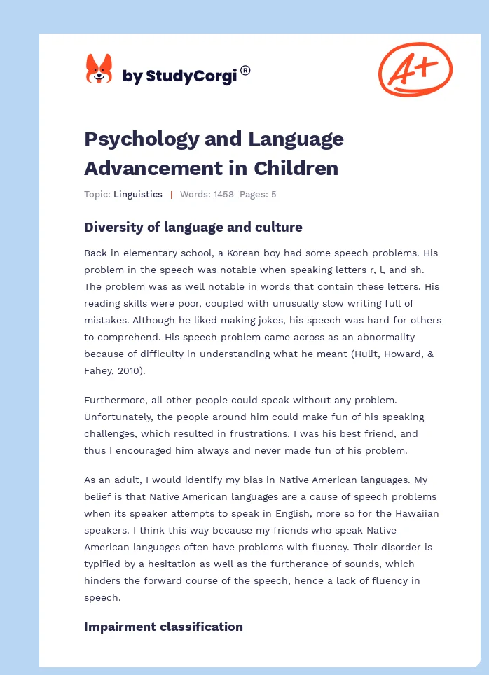 Psychology and Language Advancement in Children. Page 1
