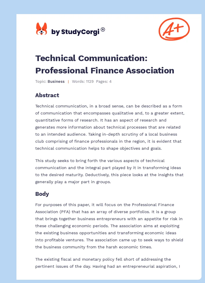 Technical Communication: Professional Finance Association. Page 1