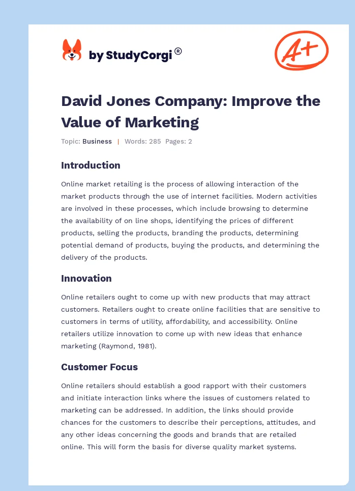 David Jones Company: Improve the Value of Marketing. Page 1