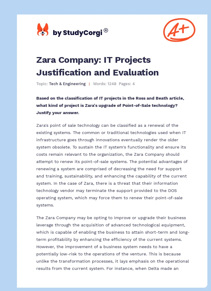 Zara Company: IT Projects Justification and Evaluation. Page 1