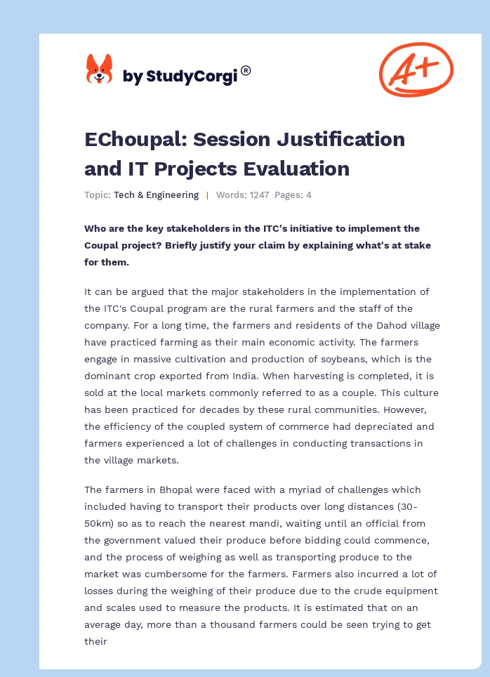 EChoupal: Session Justification and IT Projects Evaluation. Page 1